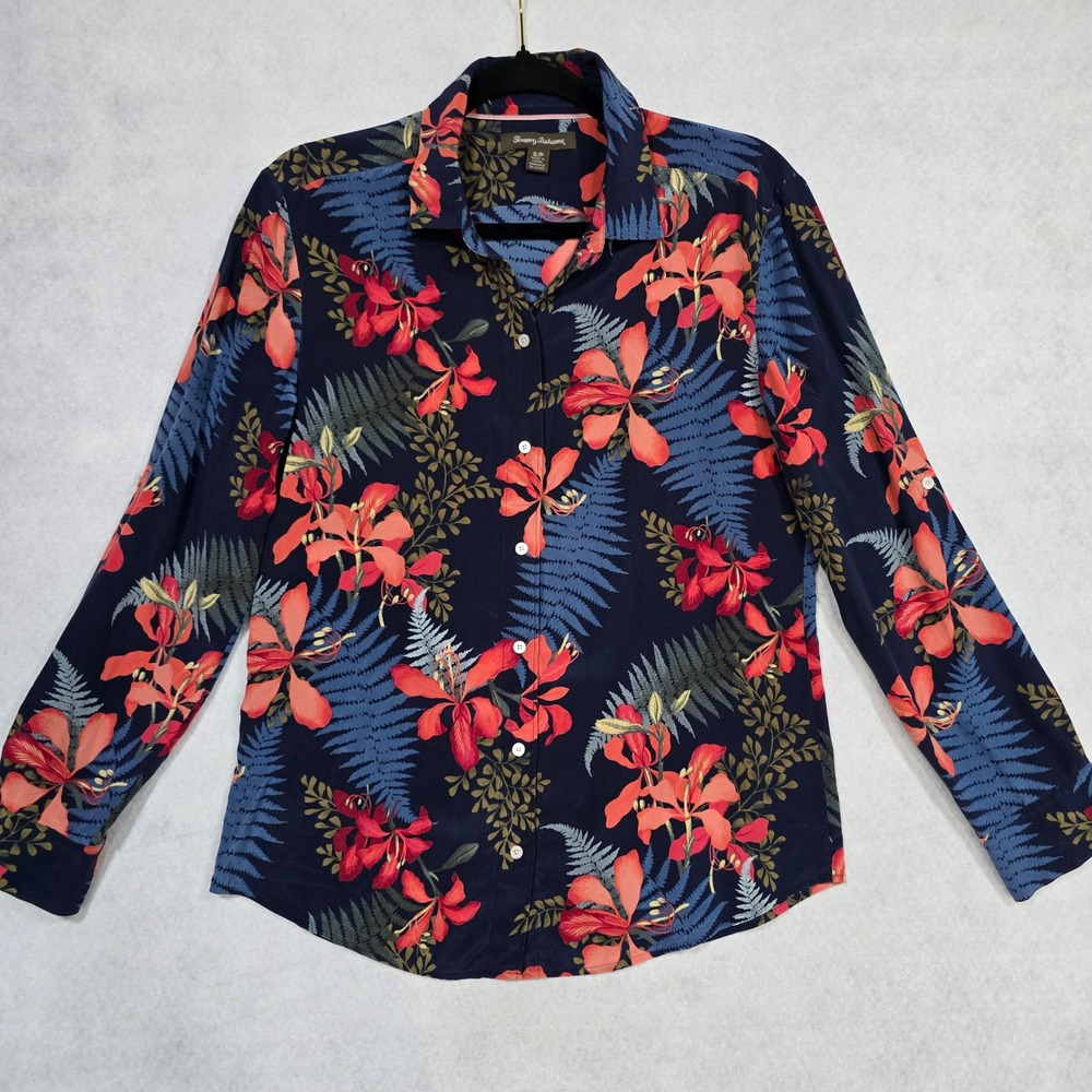 Tommy Bahama Womens 100% Silk Tropical Floral Fern Button Down Shirt Navy‎ Small